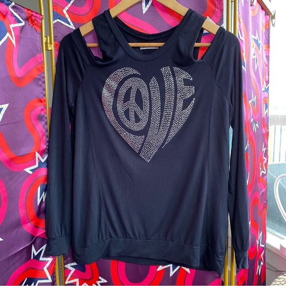 Lauren Moshi Crystal Love Cutout Cold Shoulder Long Sleeve Top Modal Embellished - Picture 2 of 14